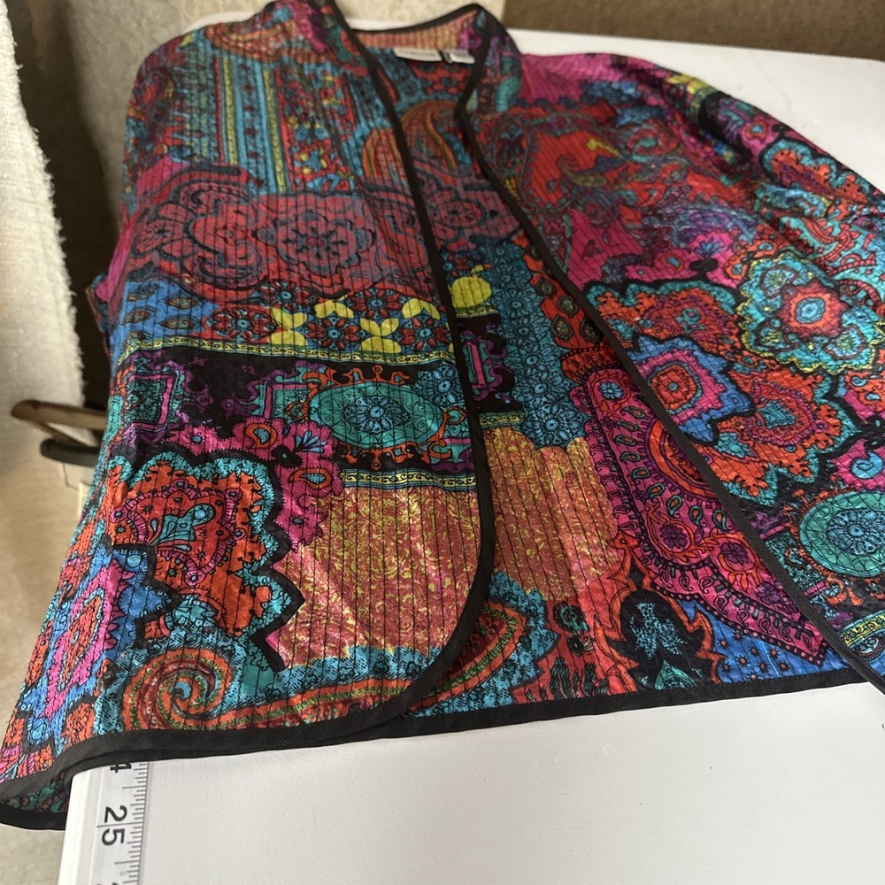 Chicos 100% Silk Jacket Paisley Boho Colorful Open Front Artsy Womens L Size 2 - Picture 8 of 10